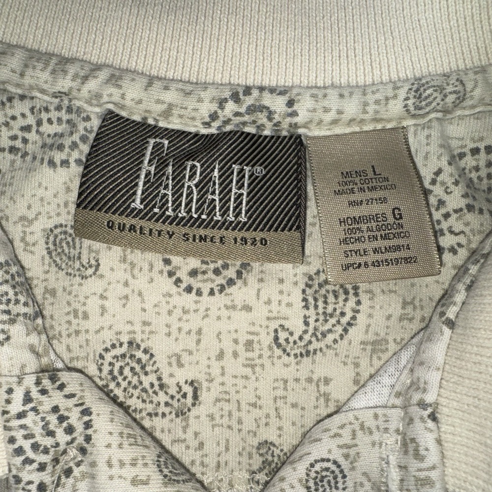 VTG Farah Men's LG Regular Polo Shirt Beige Paisley Cotton Collared Pocket